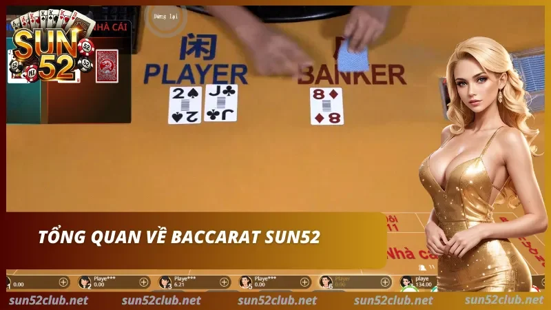 Baccarat Sun52 với các lá bài đã chia ở khu vực Player và Banker.