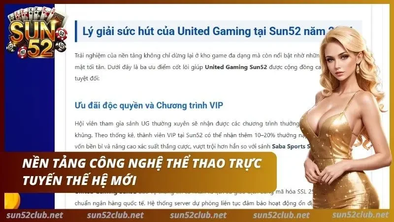 Trang giới thiệu United Gaming Sun52 với mục ưu đãi và chương trình VIP